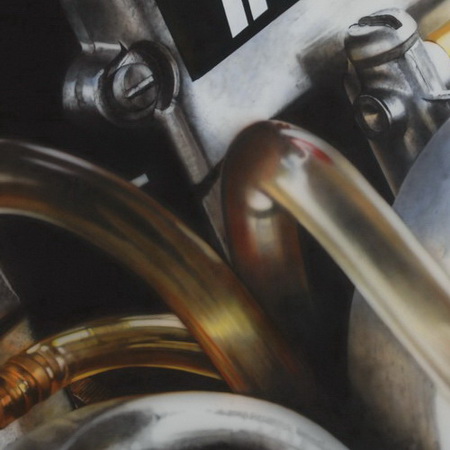 motor, engine, close up, art, airbrush, canvas, handmade, painting, photorealistic, carburettor, aluminium, racing, motorcycle, tamas mike 